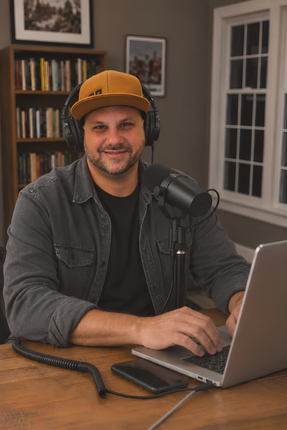 A man with a beard and mustache wearing a mustard-colored cap, headphones, and a gray button-up shirt sitting at a wooden desk with a microphone, a laptop, and a smartphone, in a room with a bookshelf, framed pictures, and a window.
