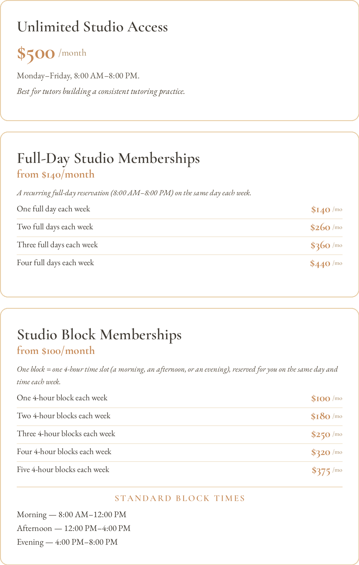 LearnIt.Studio studio membership pricing: Unlimited Studio Access $500/month; Full-Day Memberships from $140/month; Studio Block Memberships from $100/month, with morning, afternoon, and evening 4-hour blocks.