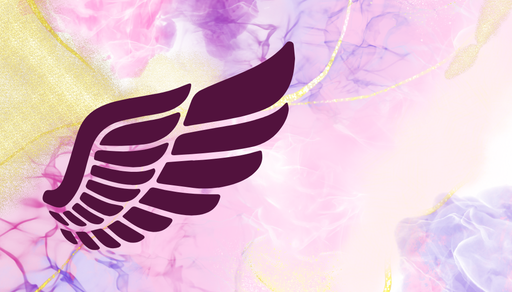 Logo stylisé d'une aile de plume noire sur un fond coloré de fleurs et de motifs pastel violets, roses et dorés.