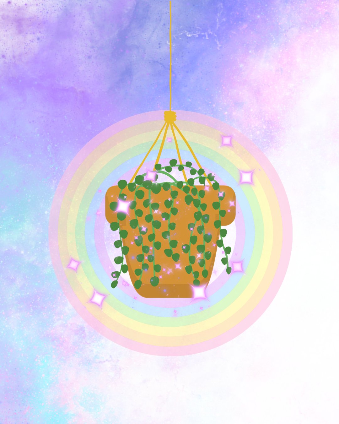 Une plante verte suspendue dans un pot en terre cuite, suspendue par des cordes dorées avec un fond pastel et un effet arc-en-ciel lumineux et étoiles scintillantes.