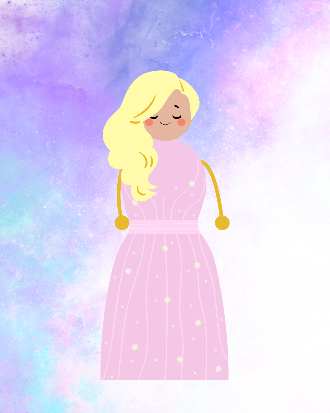 Illustration d'une poupée avec de longs cheveux blonds portant une robe rose ornée d'étoiles, sur un fond pastel évoquant un ciel étoilé.