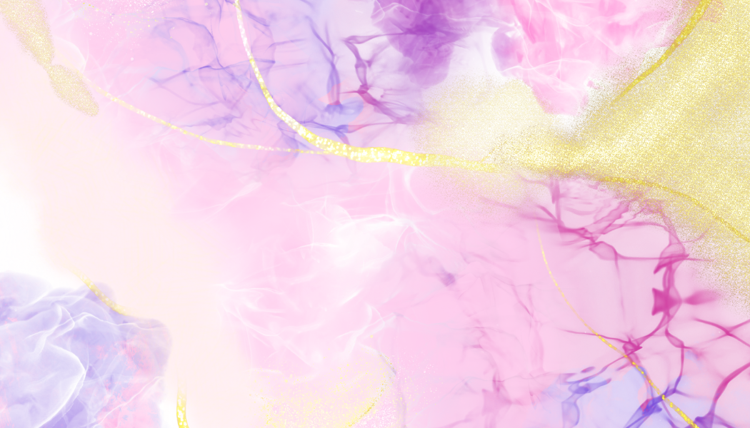 Fond abstrait avec des couleurs pastel, des accents dorés et des motifs de fumée ou de nuages en rose, violet, bleu et blanc.
