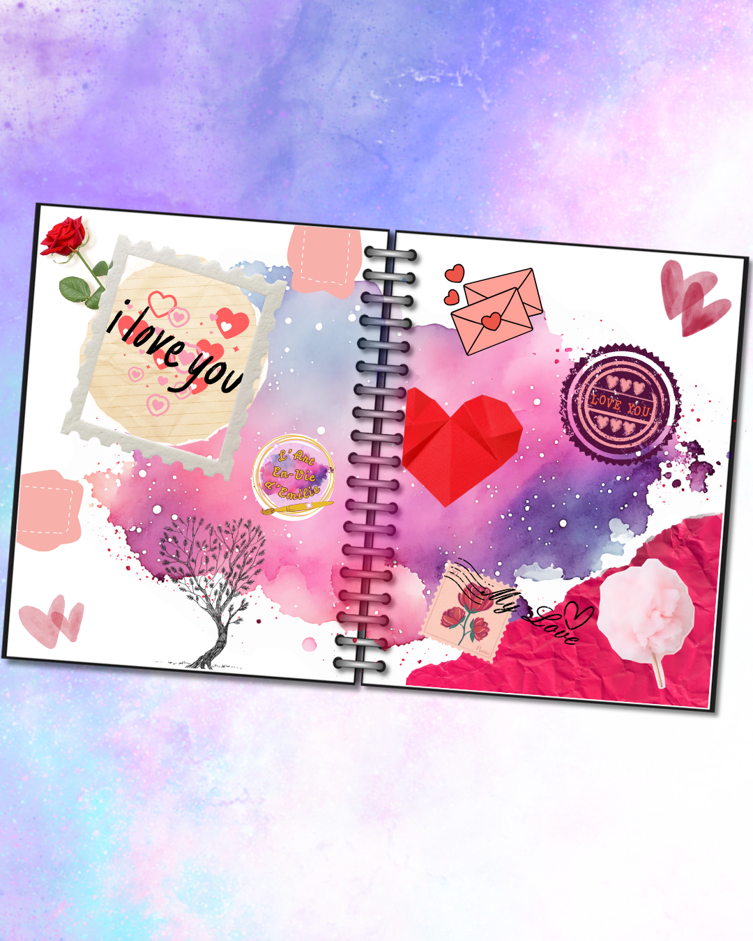 Carnet de notes avec des dessins et des messages d'amour, comprenant des cœurs, des lettres, un arbre, une rose artificielle, un cœur en origami, de la peinture rose et violette, et des autocollants 'Love You'.
