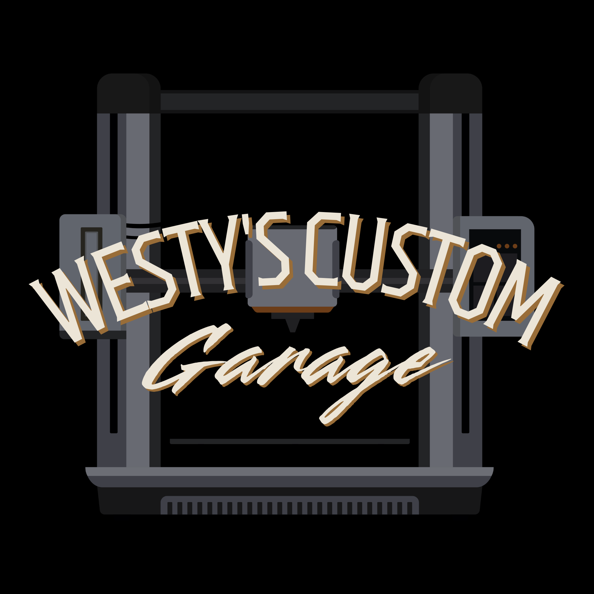 3D Printer displaying the phrase 'Westy's Custom garage' in stylized 3D text.