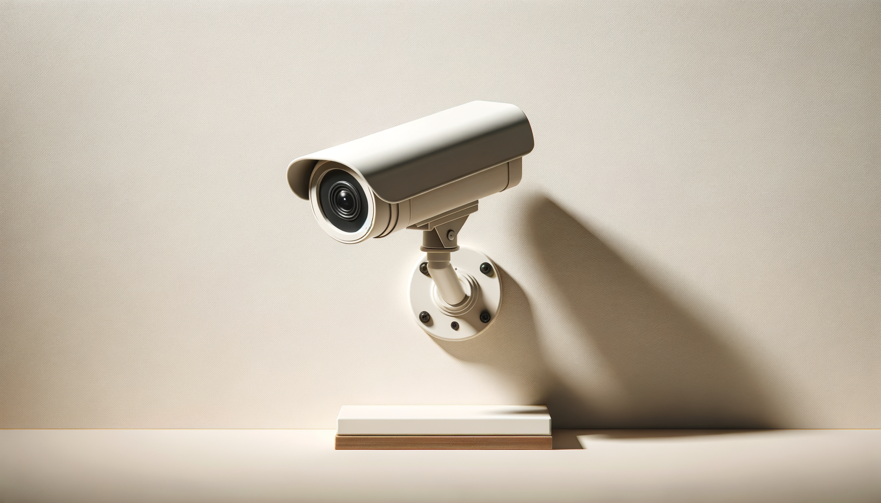 A beige security camera mounted on a beige wall with a shadow cast to its right.