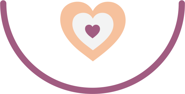 A large pink heart with smaller white and purple hearts inside, above a curved purple line.