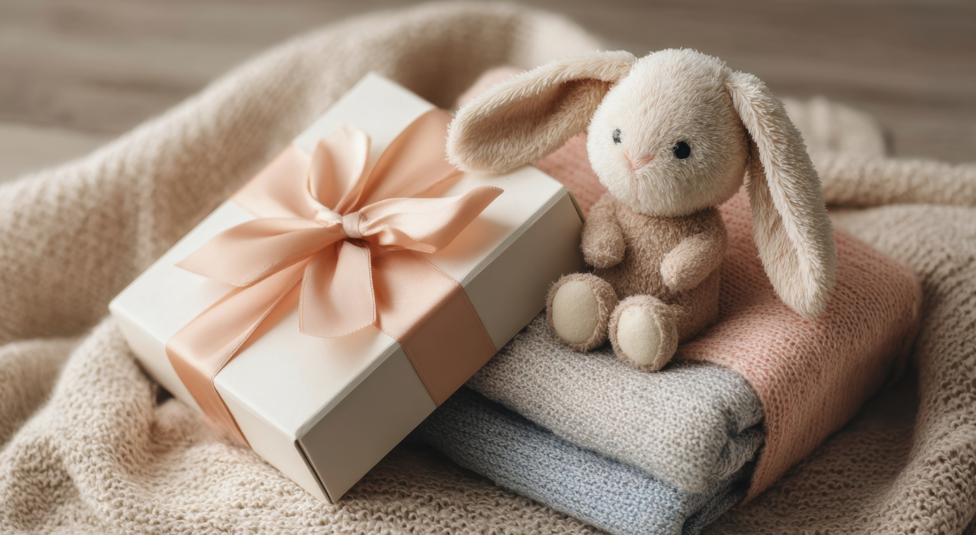 A plush bunny toy, a wrapped gift with a pink satin ribbon, and a stack of folded pastel-colored towels on a soft beige blanket.