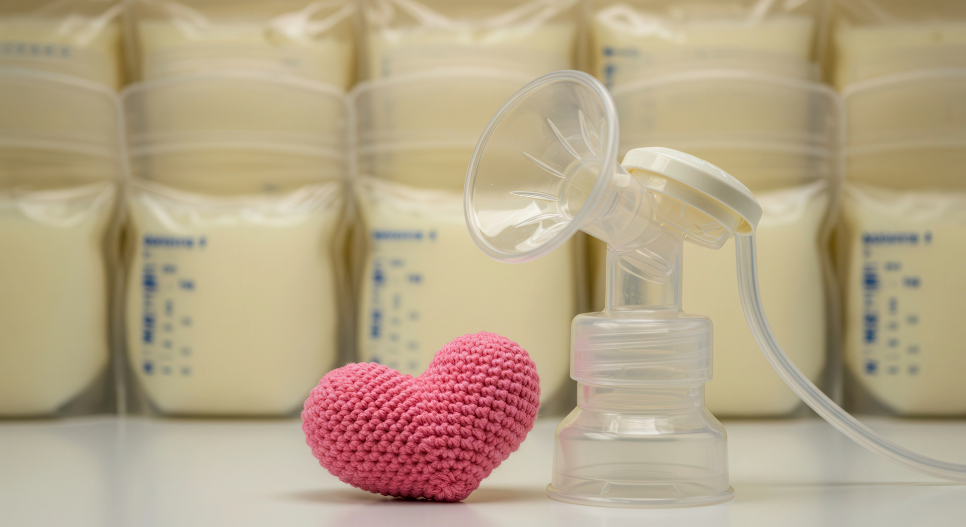 Breast milk bottles, a pink knitted heart, and a breast pump on a white surface.