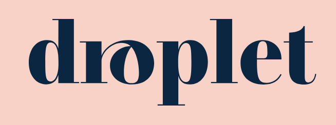 The word/logo 'droplet' written in large navy blue letters on a light pink background.