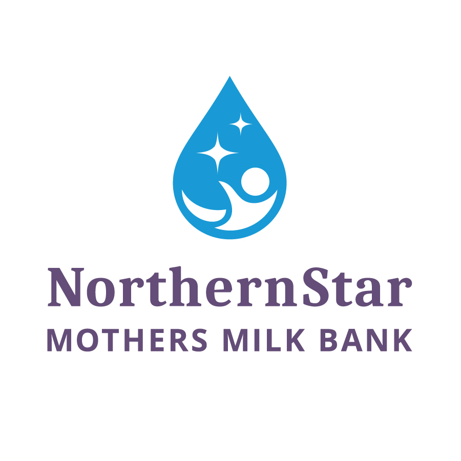 Logo of NorthernStar Mothers Milk Bank featuring a blue milk droplet with stars and a stylized mother and baby silhouette, and purple text.