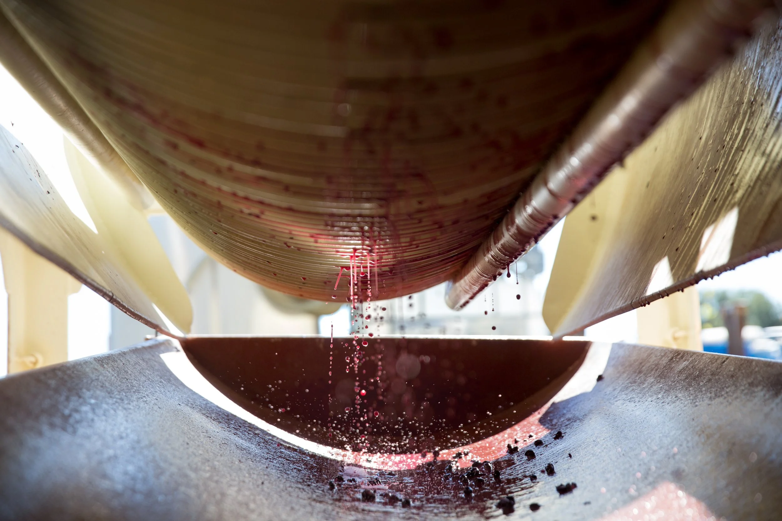 Close-up view underneath a wine press, with red juice dripping into a container below.