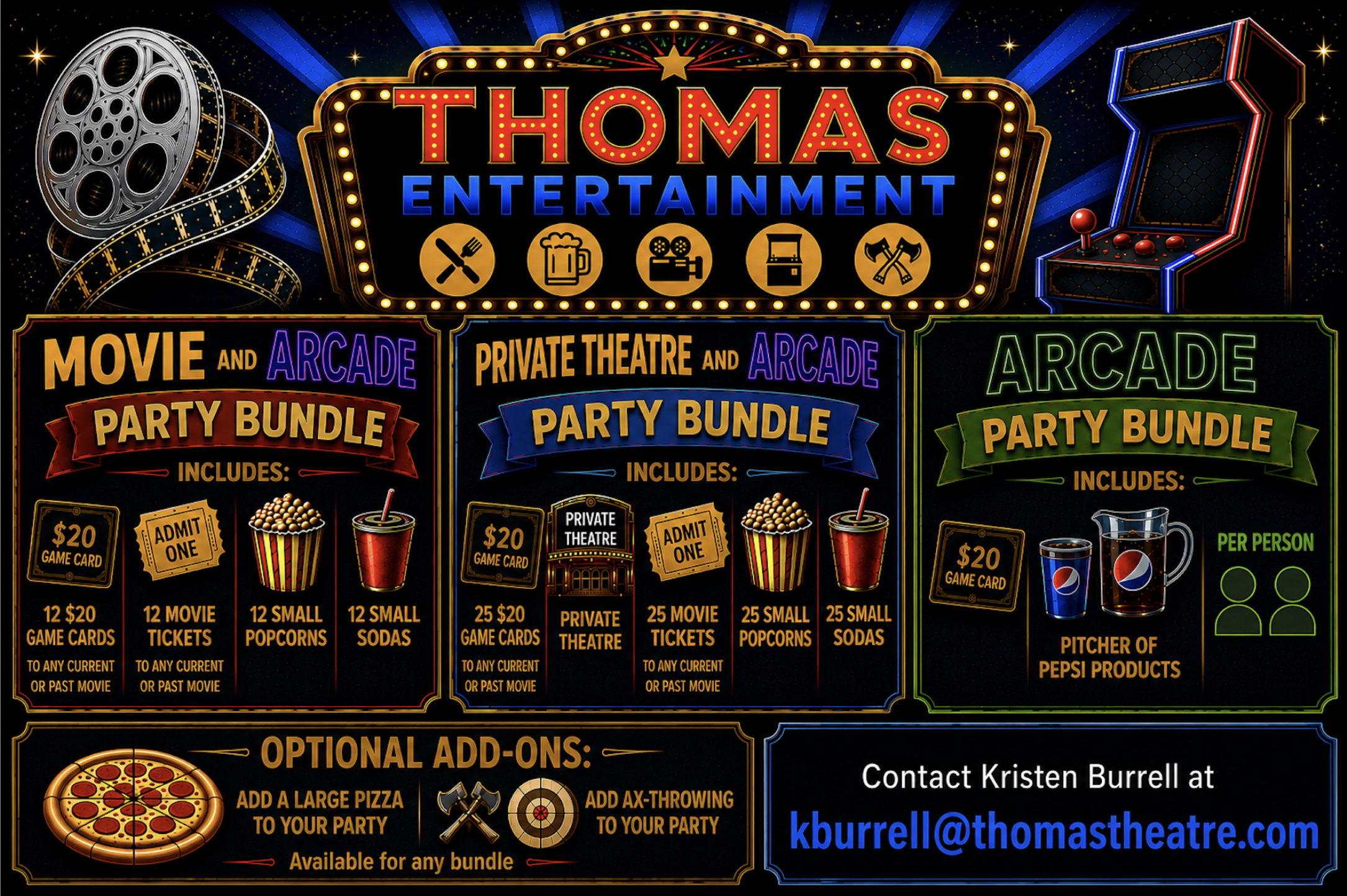 Colorful neon-style poster advertising entertainment options at Thomas Theater, including movie and arcade party bundles, with icons of food, drinks, movies, and gaming machines, and a contact email at the bottom.