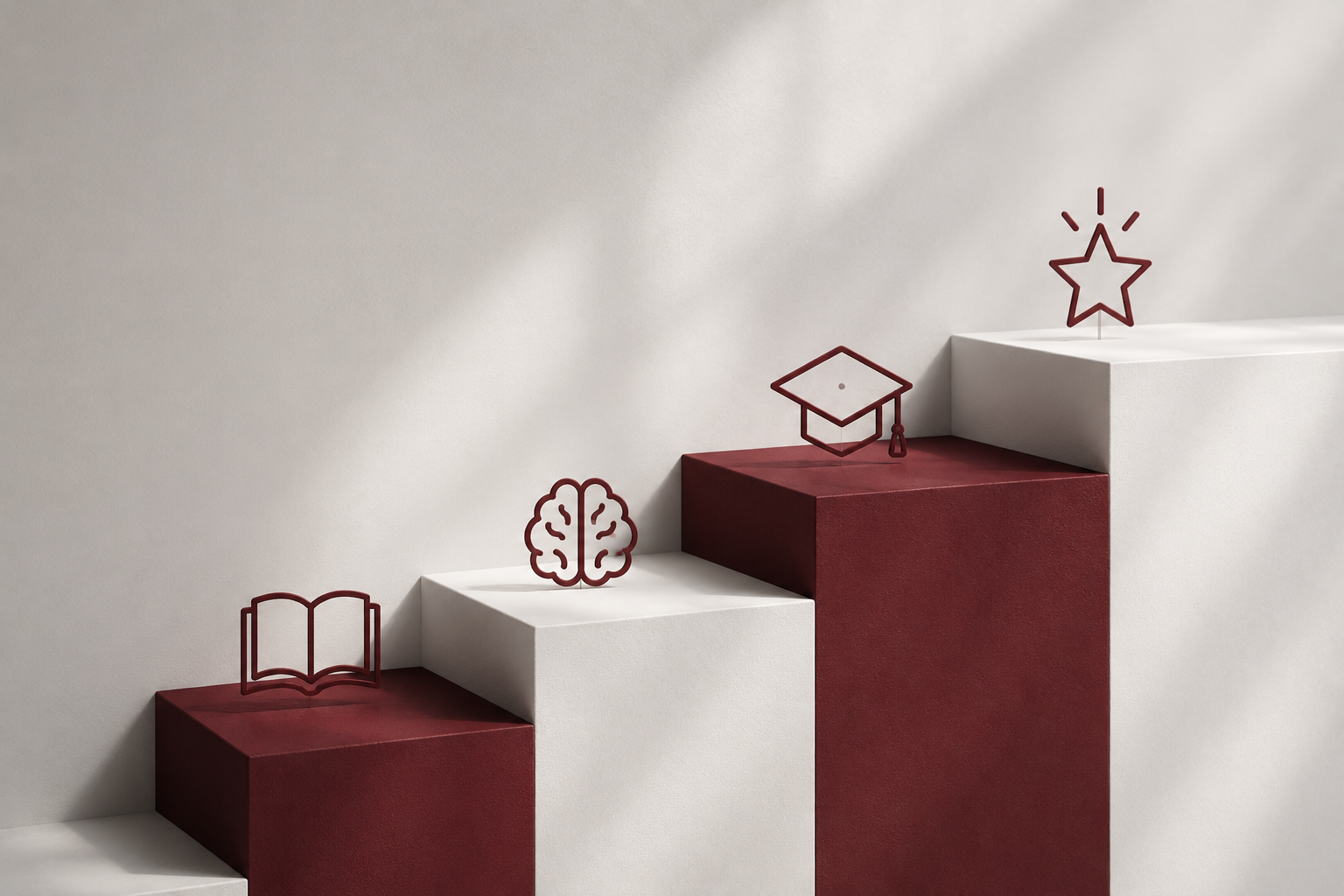 Step-like platform with three levels decorated with icons representing education and learning: an open book, a brain, a graduation cap, and a star. The platform alternates between red and white levels, set against a light background.