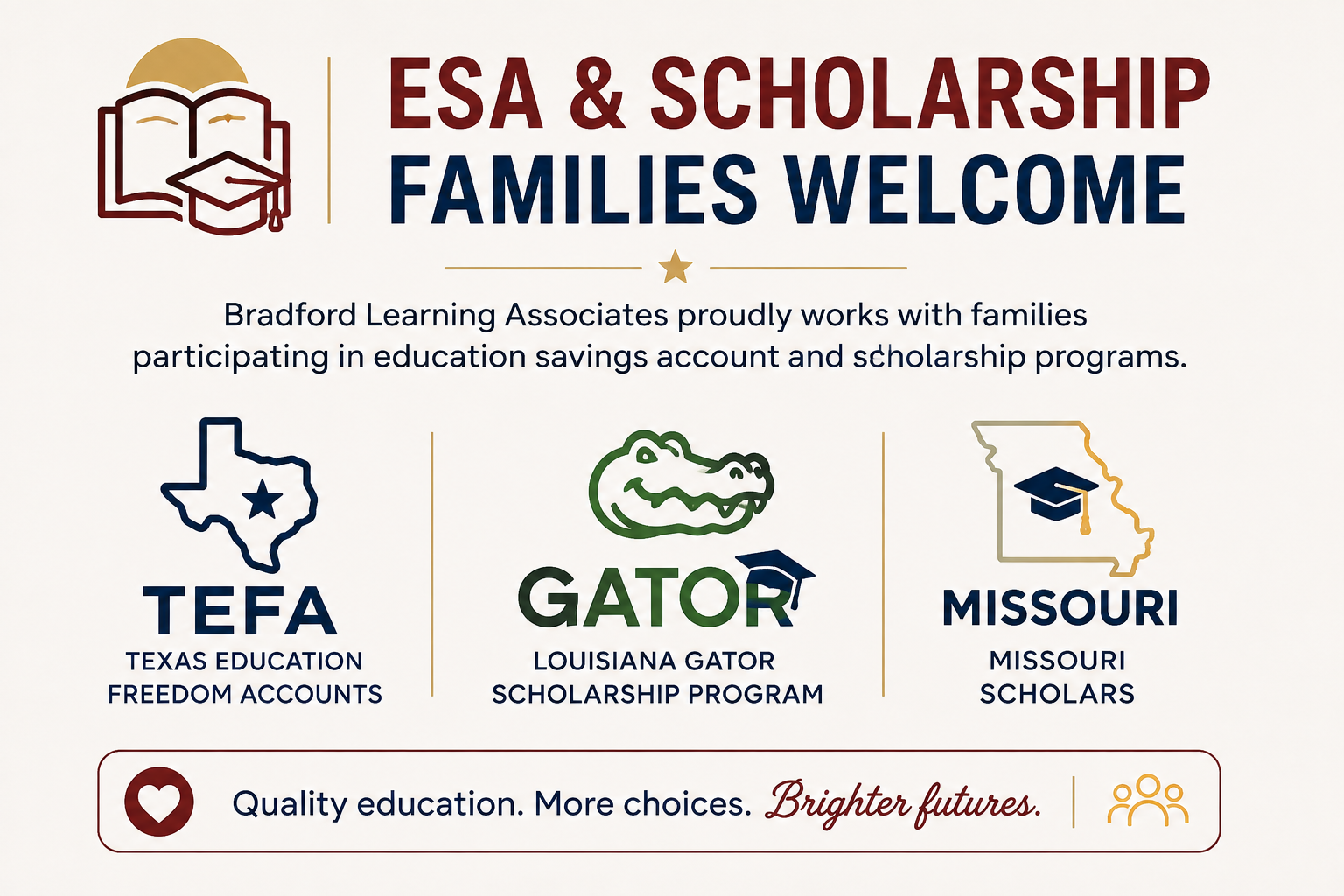Poster promoting ESA and scholarship families, with logos for Texas Education Freedom Accounts, Louisiana Gator Scholarship Program, and Missouri Scholars, and tagline 'Quality education. More choices. Brighter futures.'