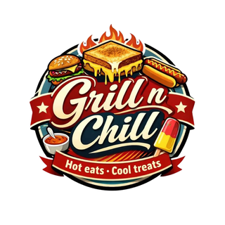 Logo for Grill 'n Chill featuring a burger, hot dog, fries, and a popsicle with flames and the text 'Hot eats - Cool treats'.