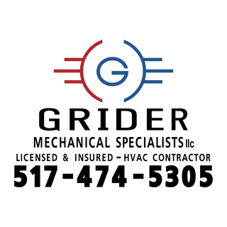 Logo with circular design, the letter 'G' in the center, red and blue lines, and text for Grider Mechanical Specialists LLC, HVAC contractor, with phone number 517-474-5305.