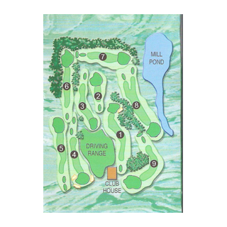 Golf course layout map showing holes 1 to 9, a mill pond, a driving range, and a clubhouse.