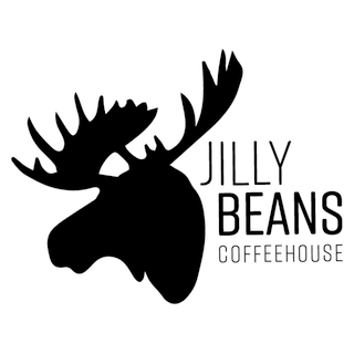 Silhouette of a moose head with antlers next to the text 'Jilly Beans Coffeehouse'.
