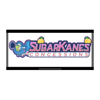 Sugarkane's Concessions sign with a blue cartoon elephant and cotton candy images.