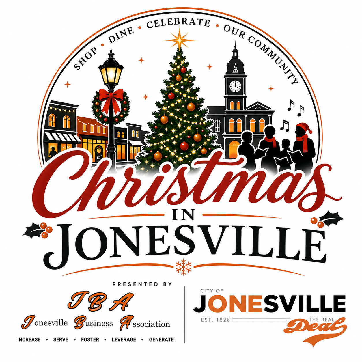 A festive poster for 'Christmas in Jonesville,' featuring a Christmas tree with ornaments and lights, a town square with buildings, people caroling, and holiday decorations. Includes text and logos for the Jonesville Business Association and the City of Jonesville.
