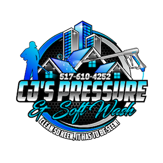 Logo for Q's Pressure & Soft Wash featuring a cityscape, a person with a hose, a pressure washer, and windows cleaning tools with contact number 517-610-4252.