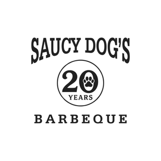 Saucy Dog's 20 years barbeque logo with text and paw print
