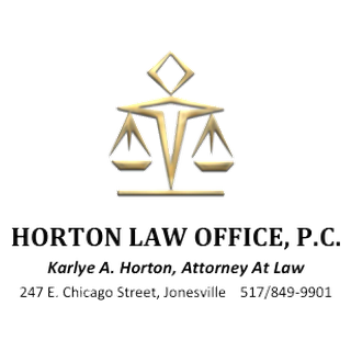 Logo of Horton Law Office, P.C., with gold scales of justice and a diamond shape above, and the firm's contact information below.