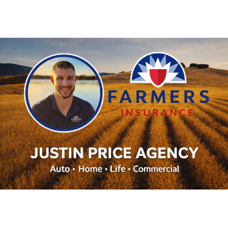 Business card for Justin Price Agency with Farmers Insurance logo, featuring a portrait of Justin Price and a background of a wheat field at sunset.