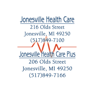 Business card for Jonesville Health Care, including address, phone number, and a red electrocardiogram line connecting the two facilities.
