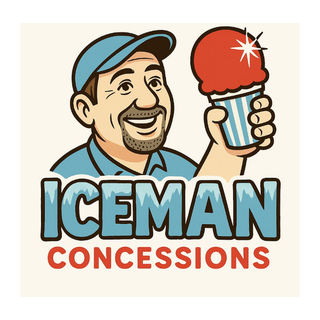 Illustration of a smiling man wearing a blue cap holding an ice cream cone, with the text 'ICEMAN' in blue and 'CONCESSIONS' in red below.