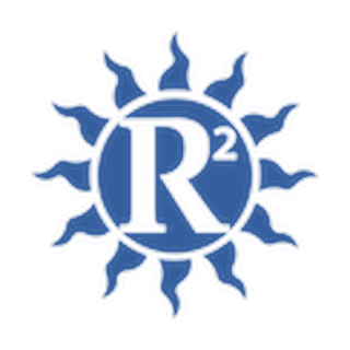A stylized sun with a large letter R and a smaller superscript 2 inside a circle in the center, all in blue.
