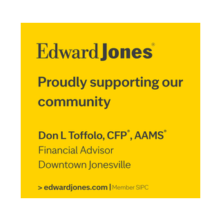 Yellow business card for Edward Jones featuring the name, support message, and contact information with a website link