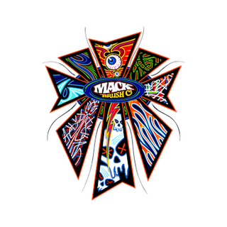 Colorful graffiti-style skateboarding decal with the words 'Mack Brush' at the center, surrounded by a starburst design with skulls, eyes, and abstract patterns.