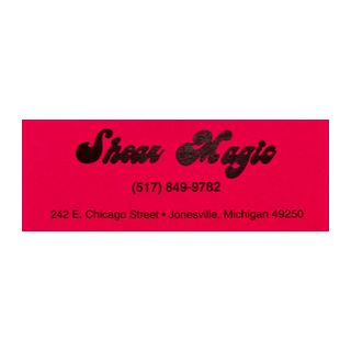 Business card with red background displaying 'Sneak Magic', a phone number, and an address in Jonesville, Michigan.