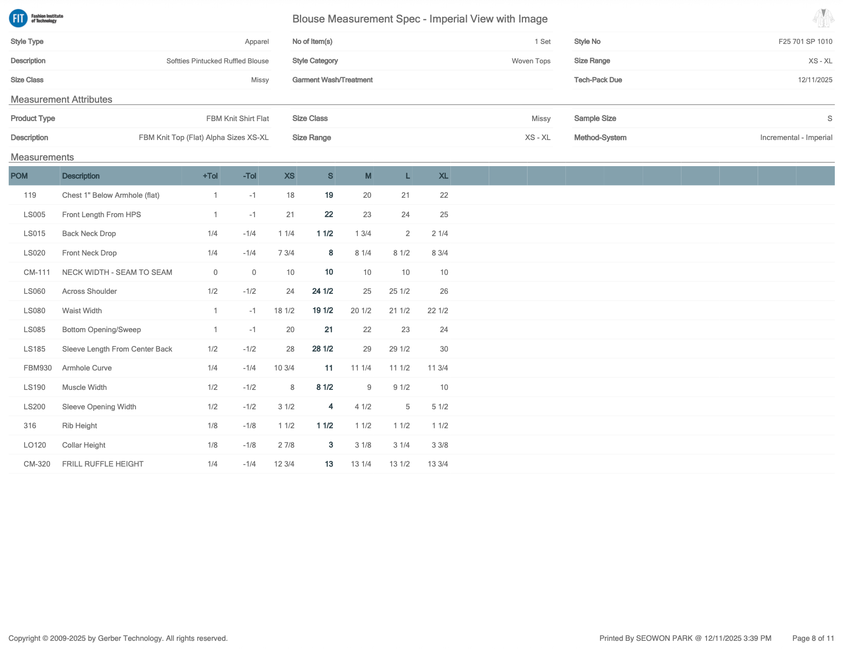 Defined measurement specifications (POM) across size ranges to ensure fit consistency and production accuracy.