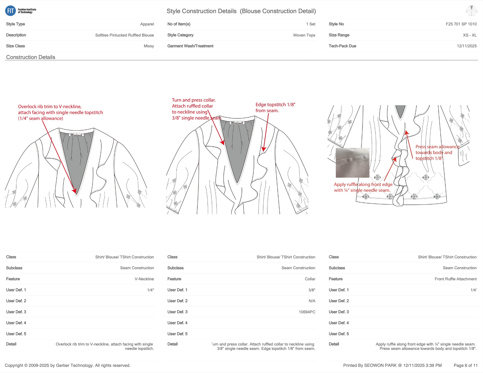 Developed detailed construction guidelines, including stitching, seam finishes, and assembly instructions for factory execution.