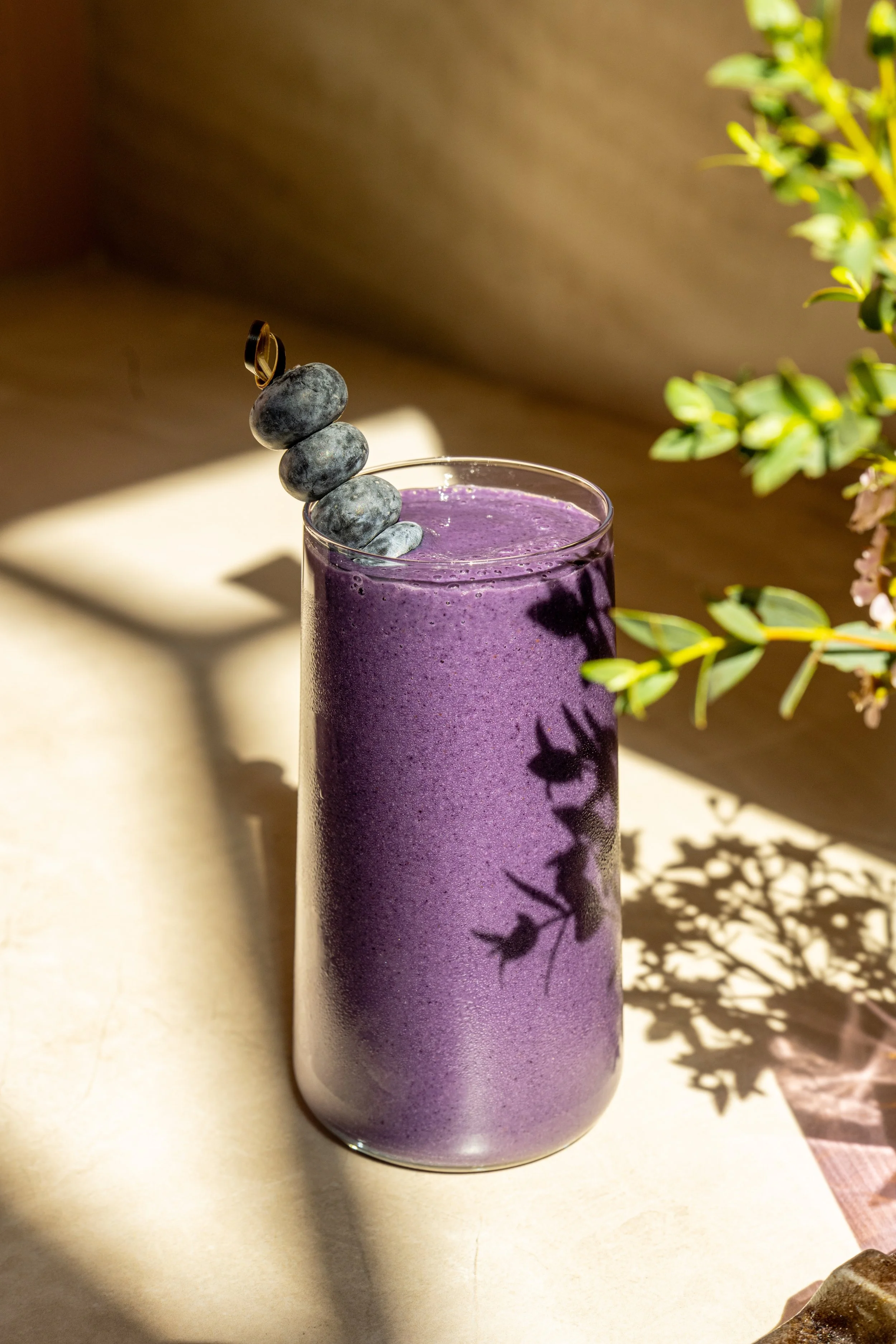 A tall glass filled with a purple smoothie or juice, decorated with a skewer of blueberries, with sunlight creating shadows of leaves on the glass.