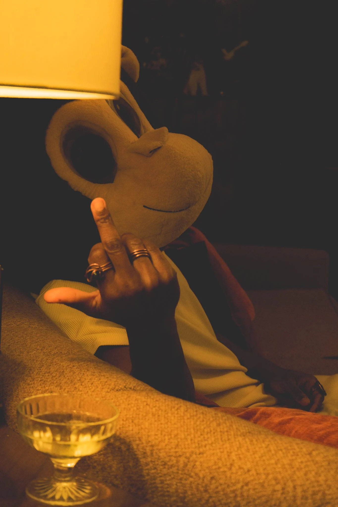 A person sitting on a couch holding a large, plush Scooby-Doo toy, with a glass of white wine on a table nearby. The scene is dimly lit, creating a cozy atmosphere.