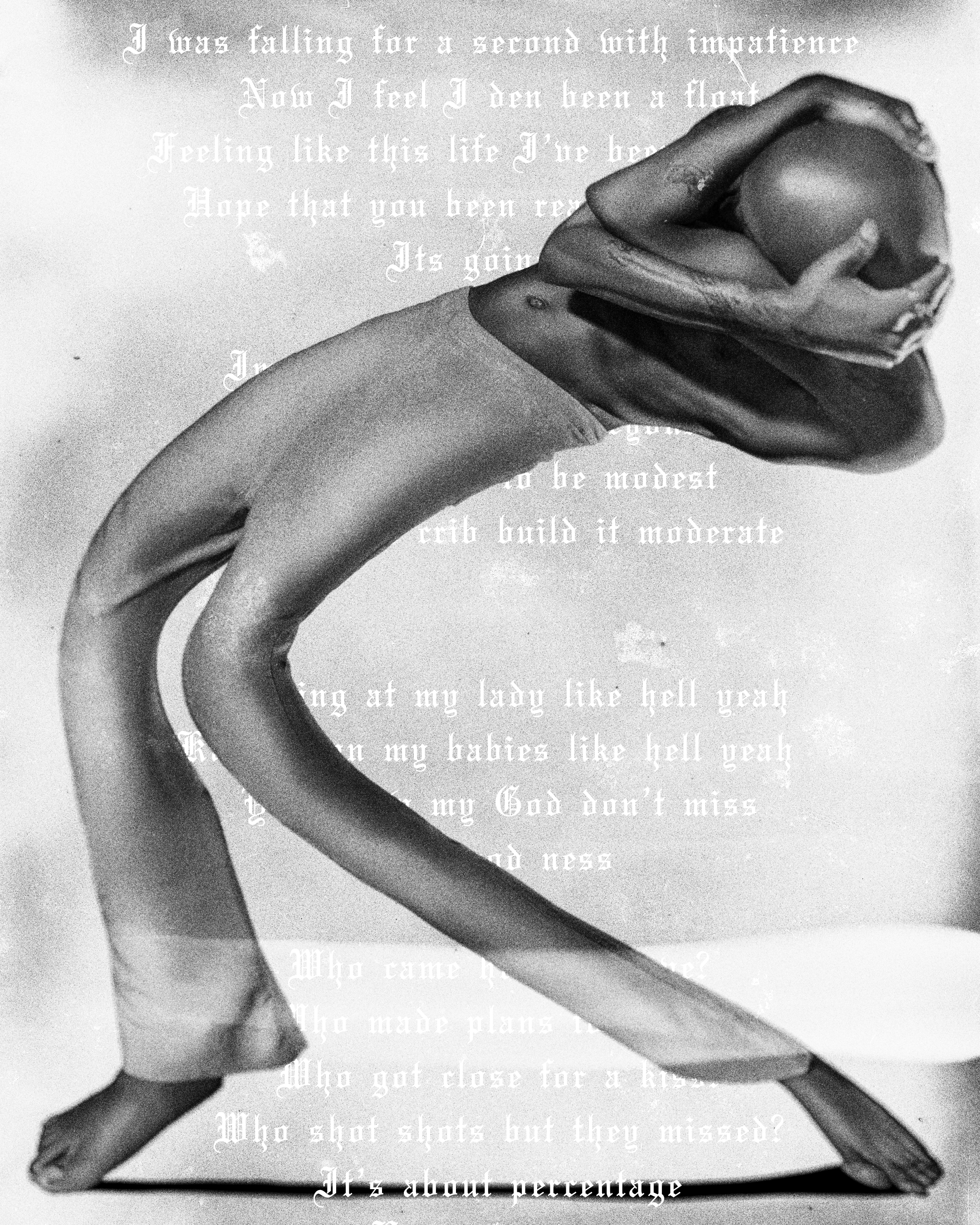 Black and white photograph of a naked woman laying on her side with her hands covering her face, surrounded by overlaid text.