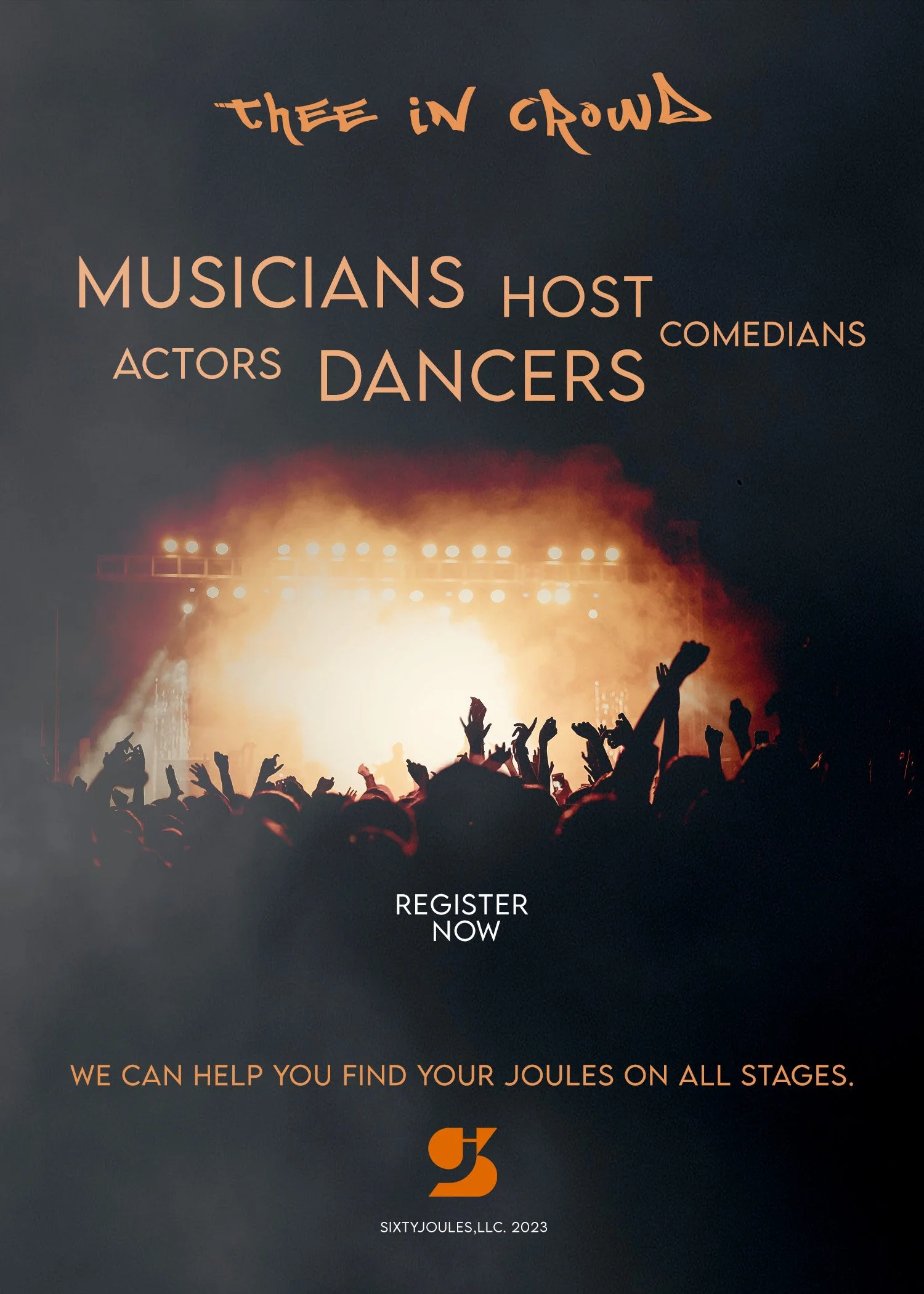 A concert scene with a crowd raising their hands and stage lights shining, featuring promotional text about stage opportunities for musicians, dancers, actors, comedians, and hosts, with a call to register.