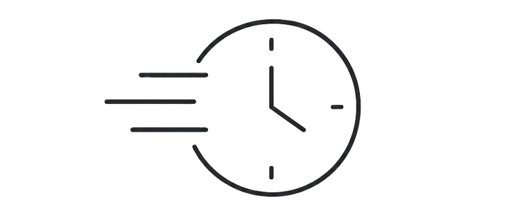 Clock showing 3:00 with motion lines indicating speed or urgency.
