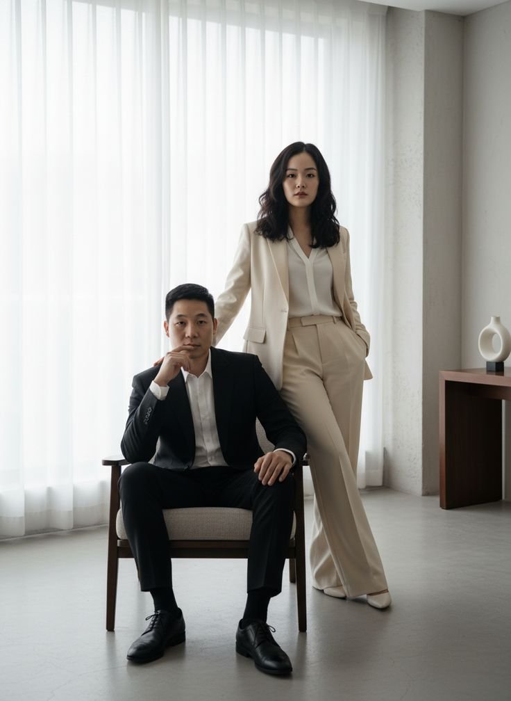 A man in a black suit and woman in a white suit pose in front of a large window with sheer white curtains in a minimalist room.