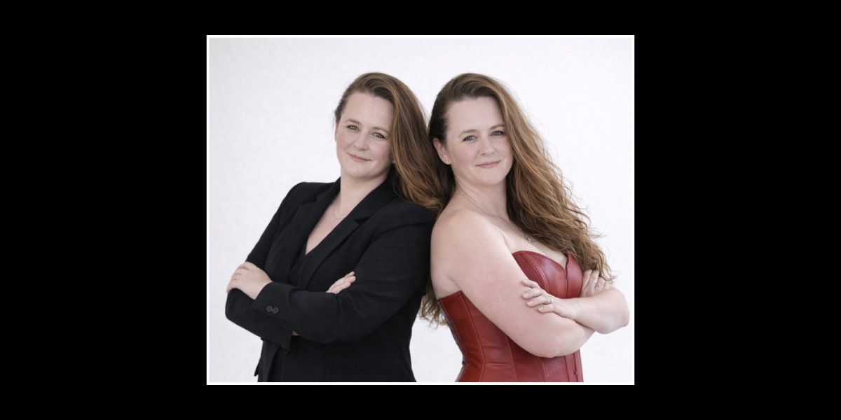 An image with back to back photos of the same woman. On the left, in business wear, with the name Marcie Macari. She is a life coach and Transformation Catalyst. On the Right, Mistress Mia Payne in a red leather top . She is a Sacred Dominatirix