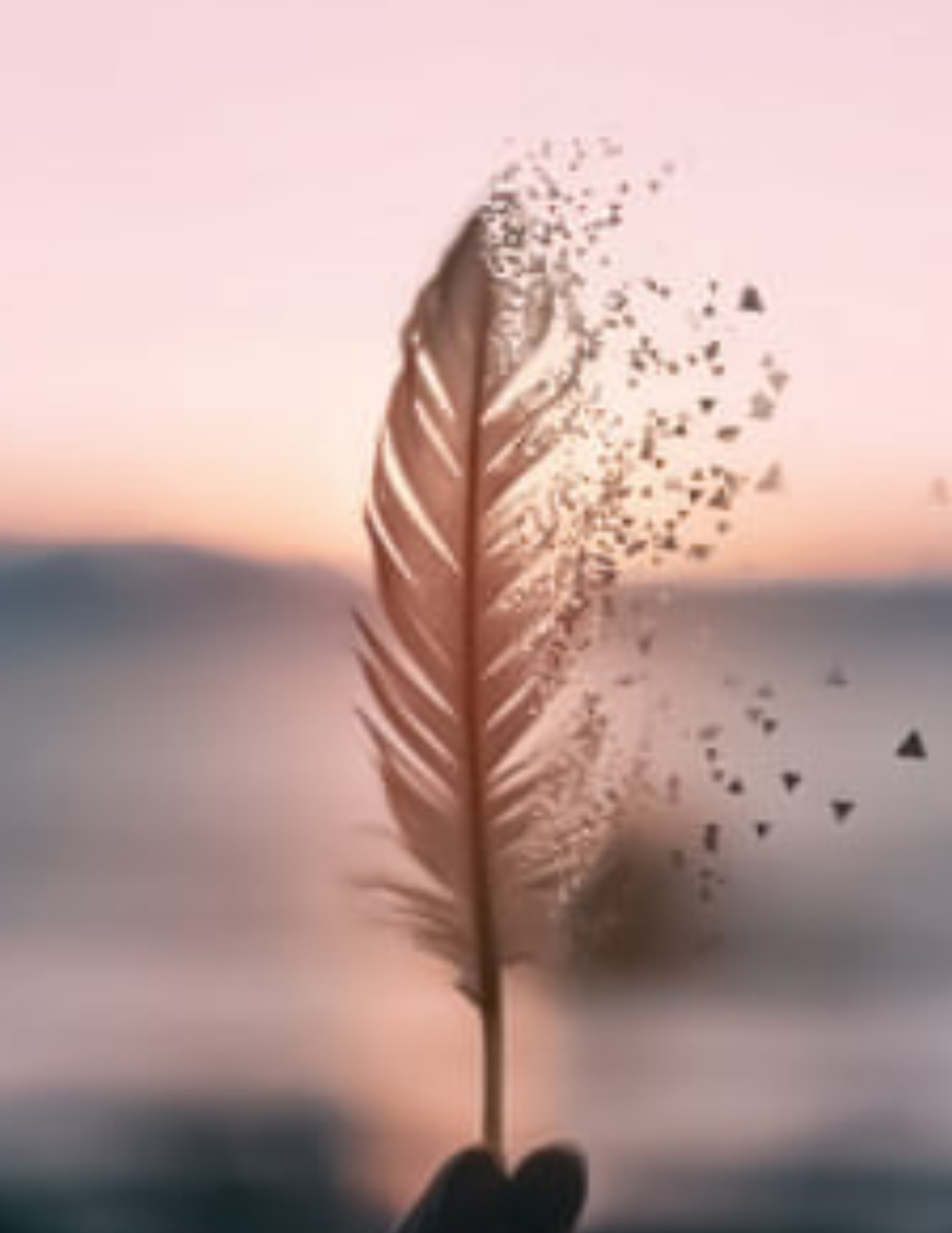 A person holds a feather with one hand, with the feather transforming from a solid form into small particles against a soft pink and blue gradient background.