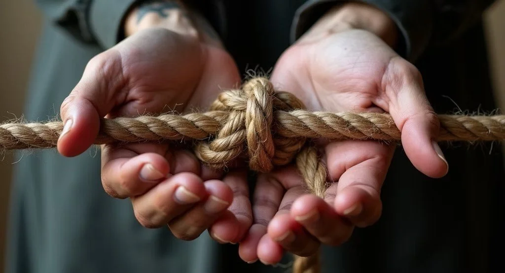 Two hands holding hemp rope with a knot in the center.