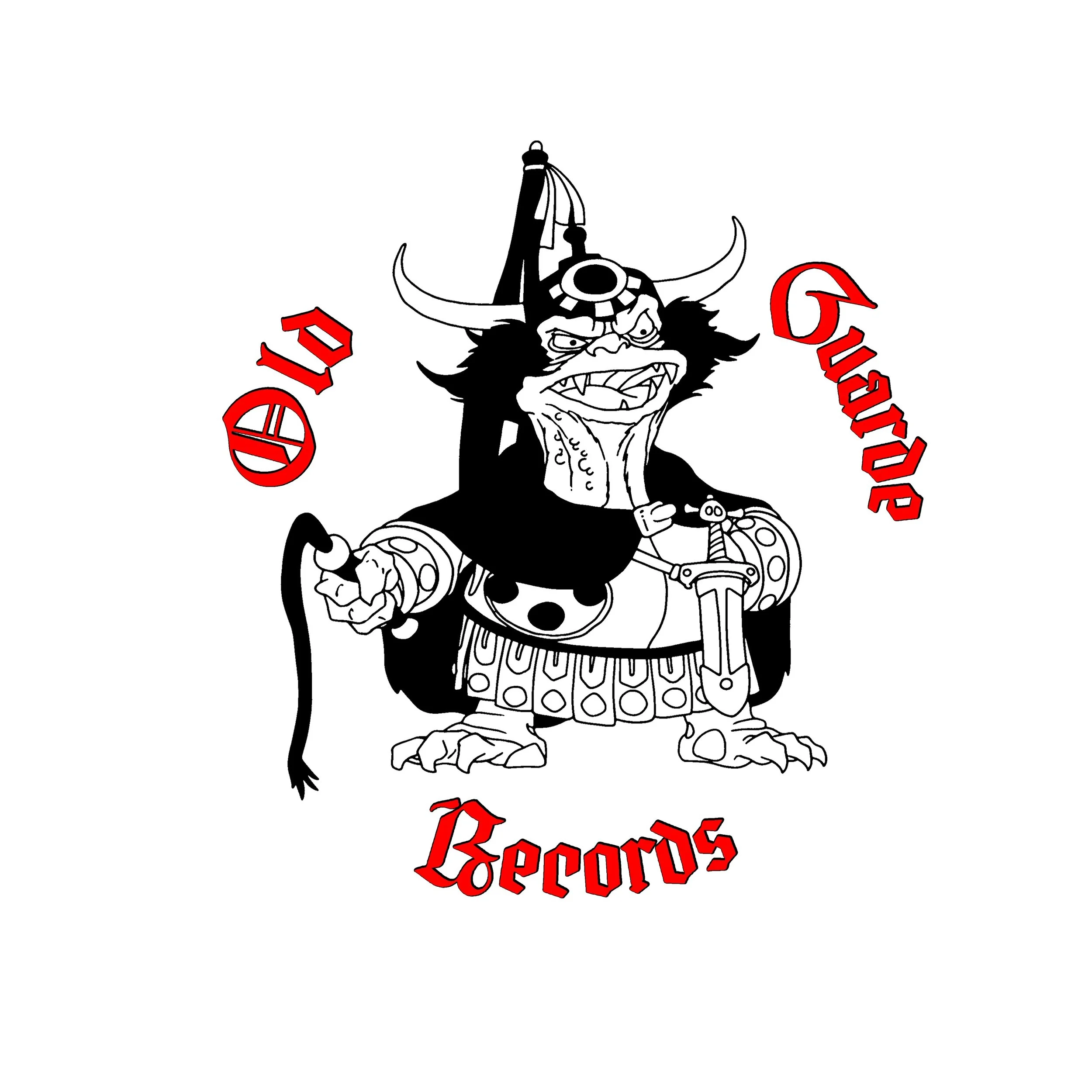 A cartoon drawing of a fierce-looking humanoid character with exaggerated facial features, wearing Viking-style horned helmet, with red stylized text surrounding the character reading 'Lords of Destruction'.