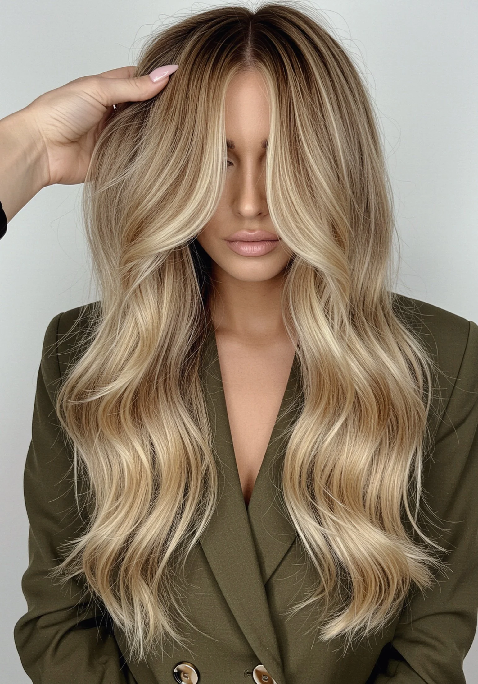 A woman with long, wavy, blonde hair styled with loose curls, wearing an olive green blazer with gold buttons, and touching her hair with one hand, standing against a plain white background.