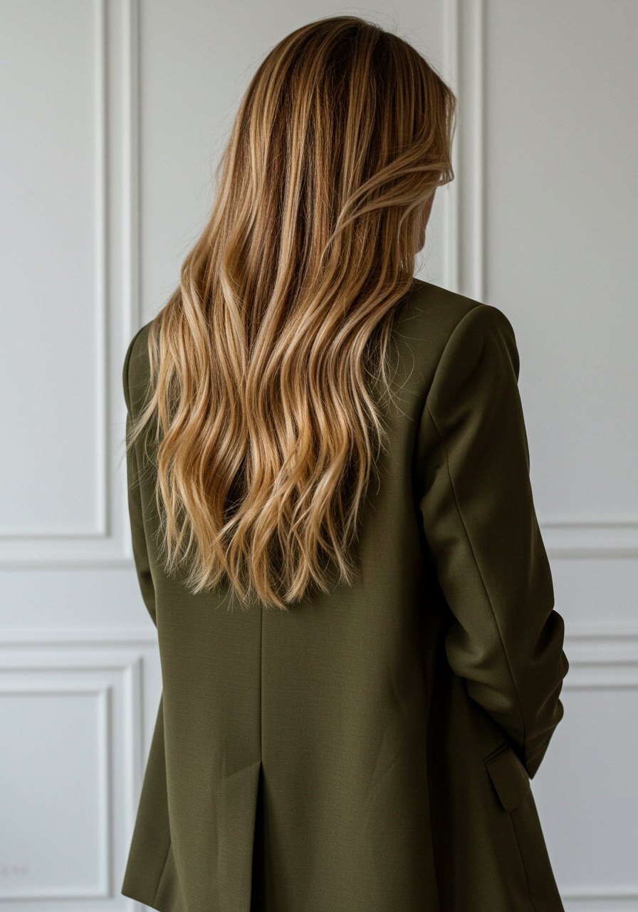 Back view of a woman with long wavy blonde hair wearing an olive green blazer in a white room.
