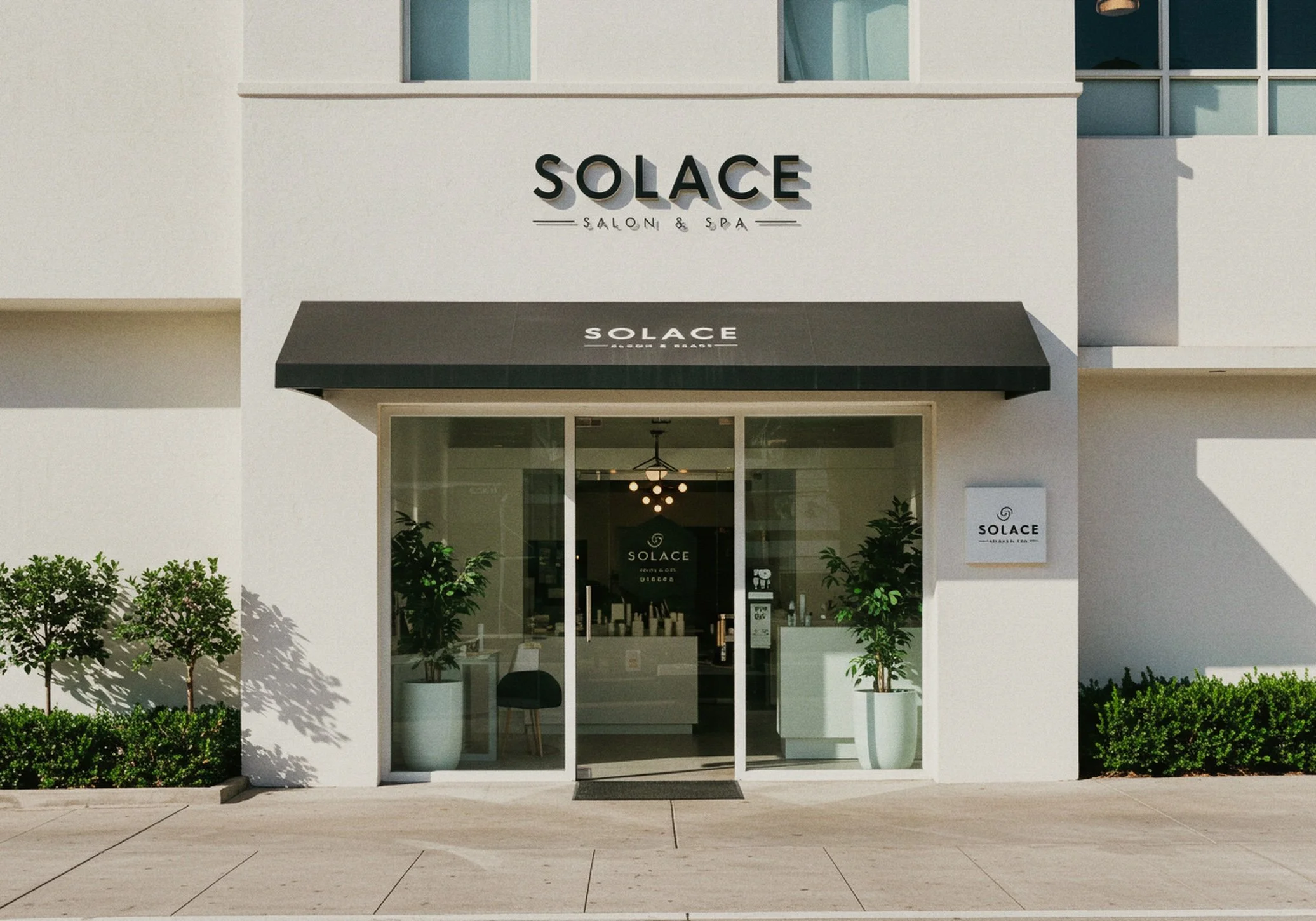 Front view of a modern salon and spa called Solace with a glass door and windows, black awning, and potted plants outside.