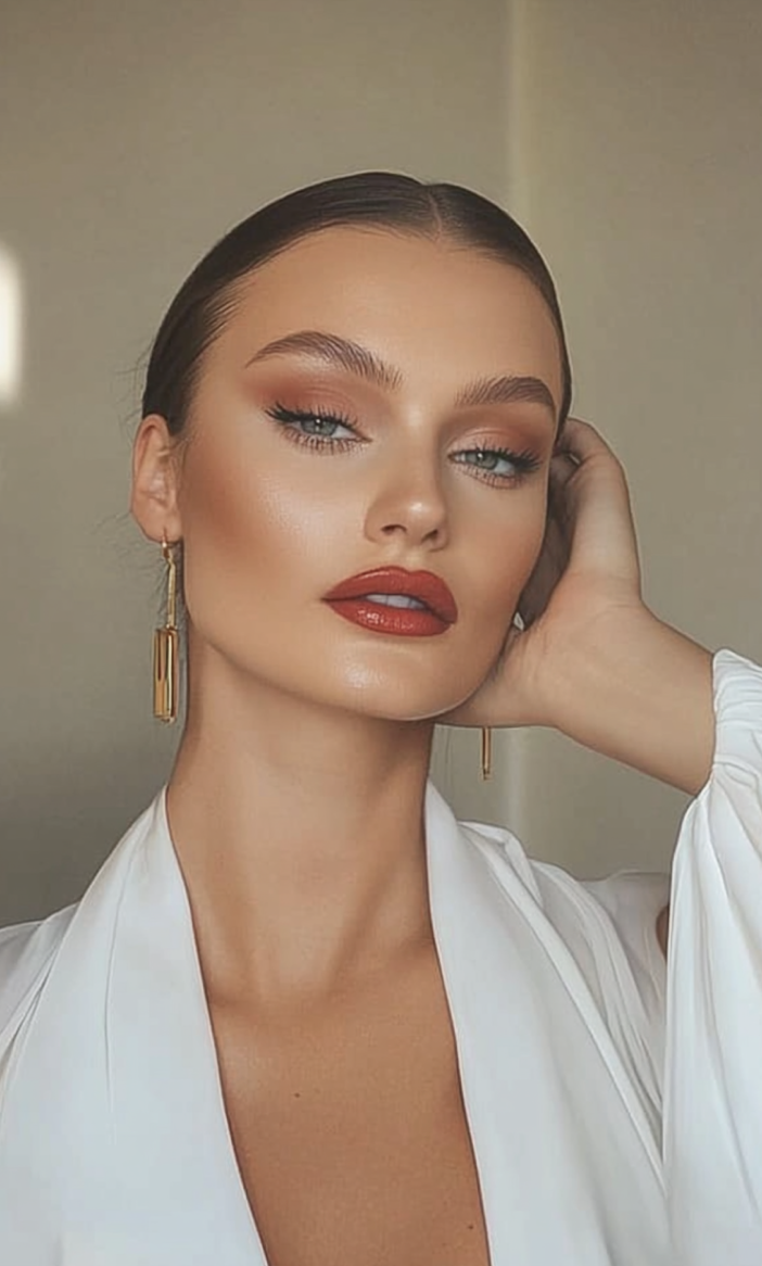 Close-up of a woman with slicked-back hair, wearing makeup, red lipstick, gold earrings, and a white top.